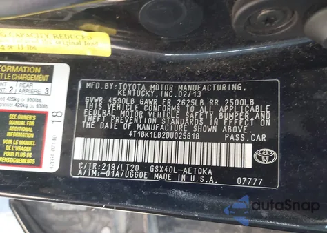 2013 Toyota Avalon Xle Touring from USA, damaged, VIN 4T1BK1EB2DU025818